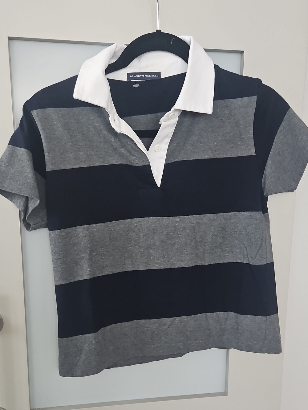 Brandy Melville Navy & Gray Striped Polo with White Collar